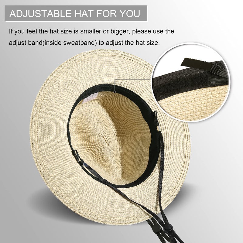 Lanzom Women Wide Brim Straw Panama Roll up Hat Fedora Beach Sun Hat UPF50+ (B-Khaki) - Image 3